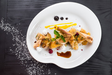 dessert ice cream with fruits on wooden background
