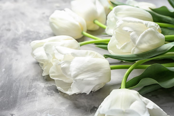 Beautiful tulips on grey background, closeup