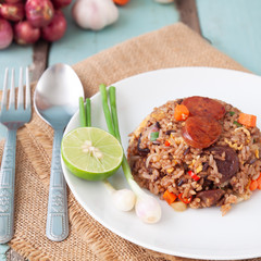 Asian fried rice with Thai sausage and egg, Healthy food