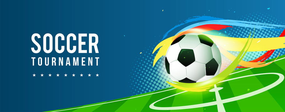 Soccer tournament banner vector illustration. Ball in football pitch background.	