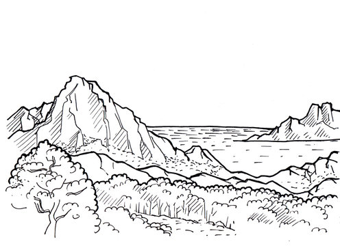 Landscape with a mountain with high cliffs mountains by the sea and forest. In the foreground there are three tall firs. Hand-drawn linear illustration on paper. Sketch with ink.
