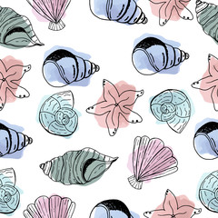Shells. Beautiful and bright pattern. Hand drawing. Summer. Nautical. Prints for clothes and postcards. For your design.