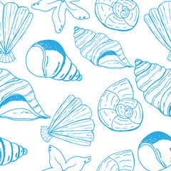 Shells. Beautiful and bright pattern. Hand drawing. Summer. Nautical. Prints for clothes and postcards. For your design.