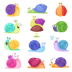 Snail vector snail-shaped character with shell and cartoon snailfish or snail-like mollusk kids illustration set of lovely snail-paced slugs isolated on white background © partyvector