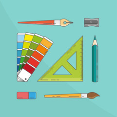 Graphic design tools vector illustration including pen, brushes, pencil, ruler, color swatch, eraser and pencil sharpener