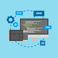 Colorful website coding vector illustration with devices and programming languages