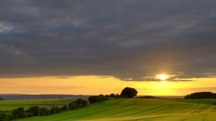 Fototapeta premium Spectacular clouds and golden sunlight just before a mid-summer sunset over the rolling wheat fields near Cheesefoot Head, Winchester, UK
