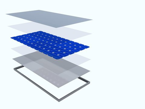 3D rendering. The internal structure of the solar panel. Solar panel consisting of several layers. Alternative energy. The components of the solar panel.