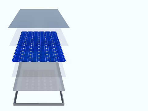 3D rendering. The internal structure of the solar panel. Solar panel consisting of several layers. Alternative energy. The components of the solar panel.