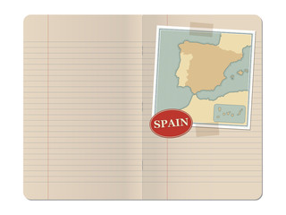 Blank stapled lines notebook with map of Spain and Portugal and masking tape isolated on white background