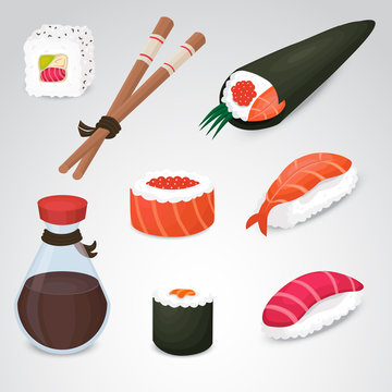 Sushi icon set - detailed, 3d, realistic. Vector art.