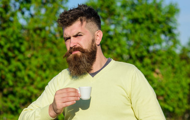 Man with long beard enjoy coffee. Morning ritual concept. Bearded man with white mug, drinks coffee. Man with beard and mustache on strict face drinks coffee at balcony, tree on background, defocused.