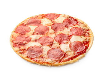 Tasty pepperoni pizza on white background