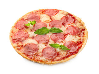 Tasty pepperoni pizza on white background