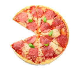 Tasty pepperoni pizza on white background