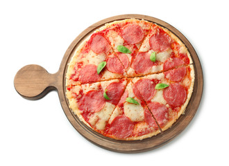 Wooden board with tasty pepperoni pizza on white background