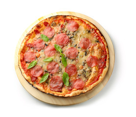 Wooden board with tasty pepperoni pizza on white background