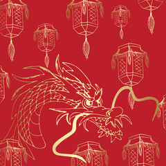 Vector  red and gold dragon. Mythological creature. Power symbol. Typographic template for text. Isolated elements. Traditional Asian element. Stock vector