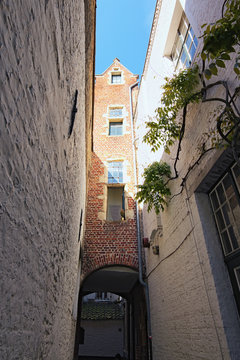 Fototapeta The ancient ,famous and narrow Vlaeykensgang. It is alley between Oude Koornmarkt street and Hoogstraat street in the history center of Antwerp, Belgium