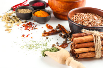 Variety of spices on white background