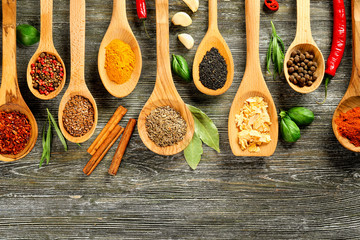 Variety of spices in spoons on wooden background