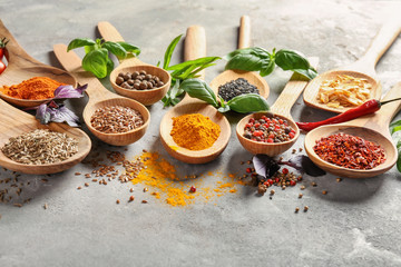 Variety of spices in spoons on grey background
