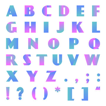 Creative modern bright gradient font. Vector alphabet with blue rose violet gradient effect letters.
