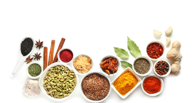 Variety of spices on white background