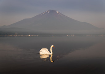 Mountain Fuji with reflection at Lake Yamanakako in morning