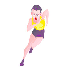 Athletic woman in a yellow T-shirt and shorts runs on a white background