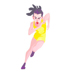 A woman in a yellow sport suit runs on a white background