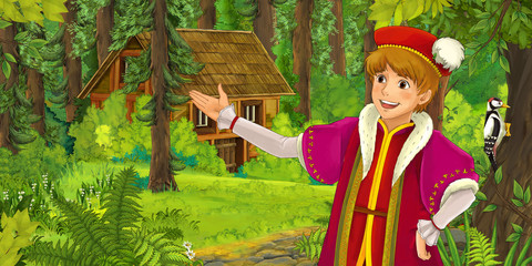 Obraz na płótnie Canvas cartoon scene with young prince traveling and encountering hidden wooden house in the forest - illustration for children