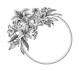 Lily flowers hand drawing vintage black and white clip art for make greeting card