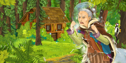 cartoon scene with older woman in the forest near hidden wooden house - illustration for children