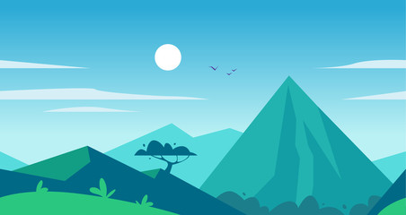 Vector flat seamless summer landscape illustration with mountains, sun, tree and blue clouded sky. Perfect for travel and camping tours posters, placards, flayers, leaflets and banners. Nature view.