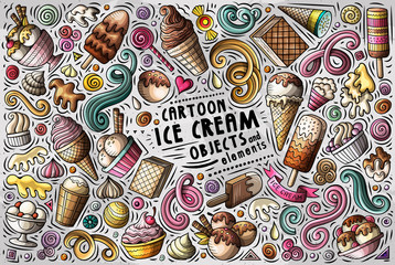 Naklejka premium Vector doodle cartoon set of Ice Cream items, objects and symbols