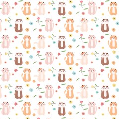 Cute Cat And Floral Pattern Background. Vector Illustration.