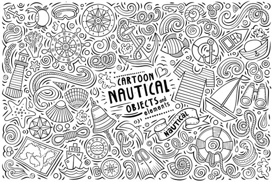 Vector doodle cartoon set of Nautical objects