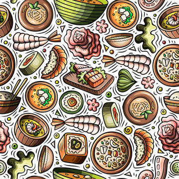 Cartoon cute hand drawn Japan food seamless pattern