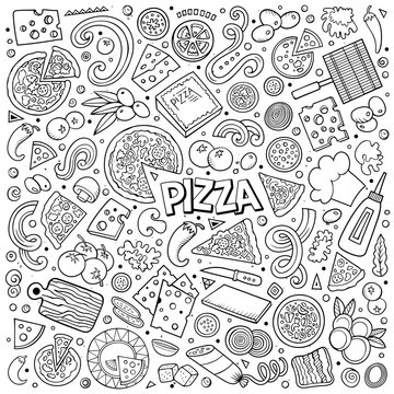 Vector cartoon set of Pizzeria objects and symbols