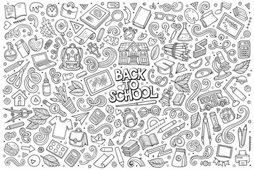 Vector doodle cartoon set of School objects and symbols