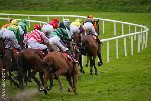 View From Behind Of Galloping Race Horses And Jockeys Racing Down The Track