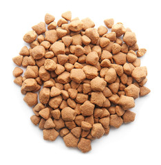 Pile of pet food on white background