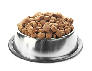 Bowl with pet food on white background