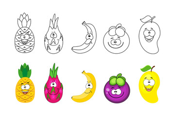 Cartoon fruits set. Coloring book pages for kids. Pineapple, dra