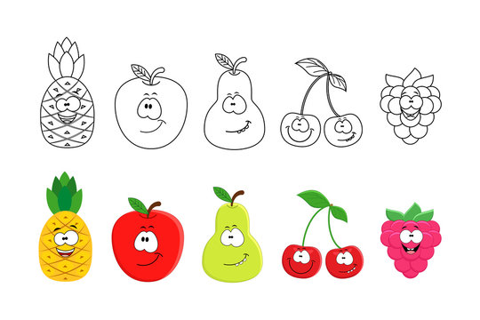 Cartoon fruits set. Coloring book pages for kids. Pineapple, app