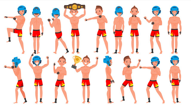 MMA Player Male Vector. Muay Thai Poses. Muscular Sports Guy Workout. Isolated Flat Cartoon Character Illustration