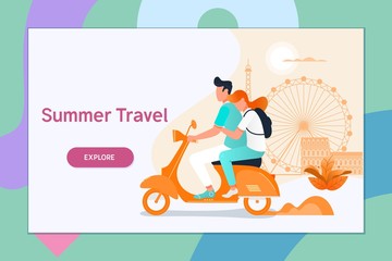 Couple traveling on a scooter.Summer vacation, tourism and journey, couple travels. Flat vector illustration