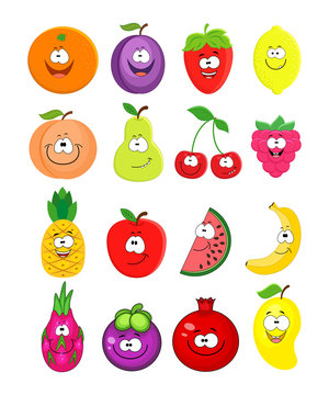Cartoon set of different fruits.  Peach, lemon,  watermelon, che