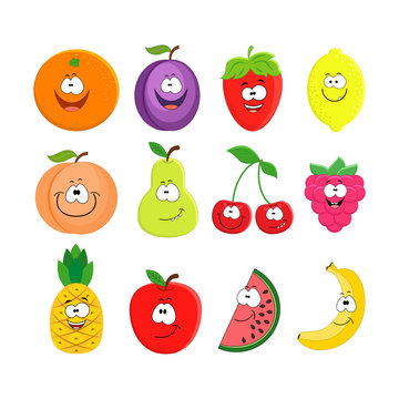 Funny cartoon set of different fruits. Smiling peach, lemon,  wa